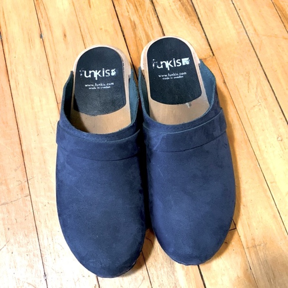COPY - Funkis blue suede wood clog, 42/11